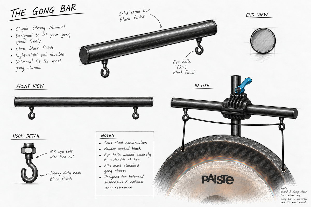 Technical product diagram of a Gong Bar and how it supports a Paiste, showing front and end views, an in-use demonstration with a cymbal, a hook detail, and notes on solid steel construction and black finish.